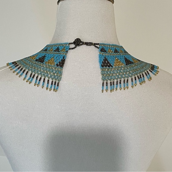 Blue Gold Brown Native American Style Beaded Necklace Collar Handmade - Picture 2 of 7